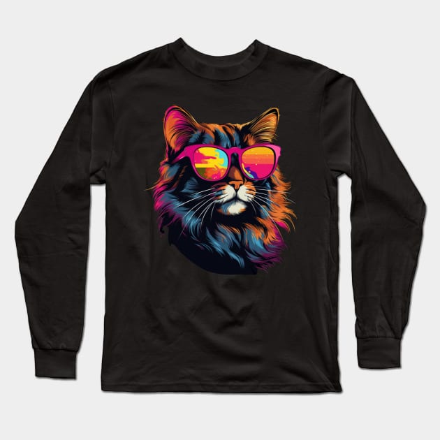 Retro Wave American Curl Cat Long Sleeve T-Shirt by Miami Neon Designs
